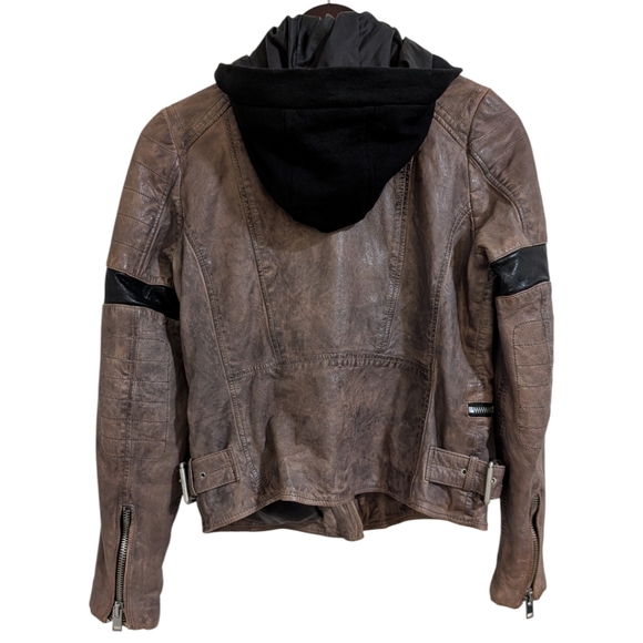 Mauritius "Megyn" Hooded Lambskin Leather Moto Jacket - Brown Size 8 Slim Fit - Picture 2 of 11